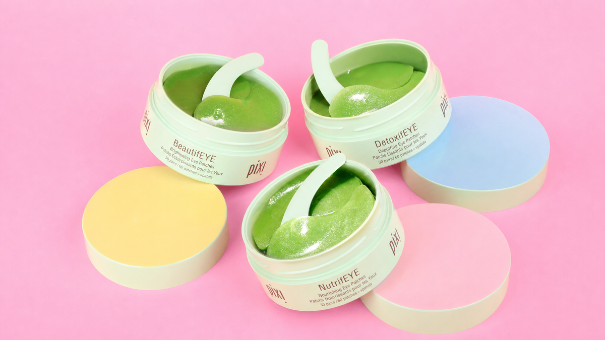 Eye Patch Best Sellers Trio featuring NurtifEYE, BeautifEYE and DetoxifEYE on a pink background - View 3