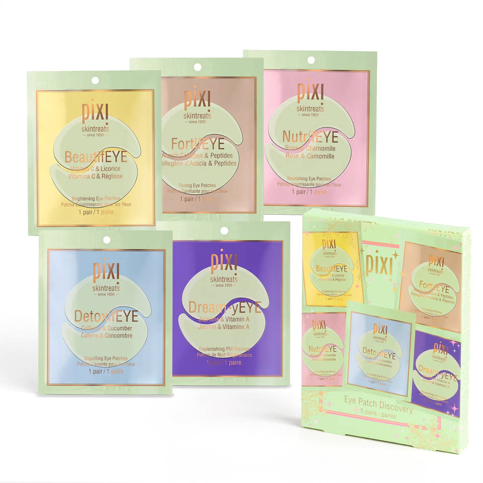 5 small skincare sachets in pastel-colored packaging arranged around a matching product box on a white background. The visible brand text reads PIXI+ skincare. view 2
