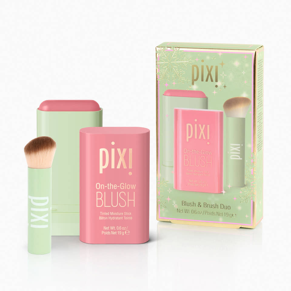 Pixi On-the-Glow Blush Blush Hydrating Stick and Brush Duo set, featuring a pink blush stick, a mint green brush, and a matching mint green and pink box on a white background. view 1
