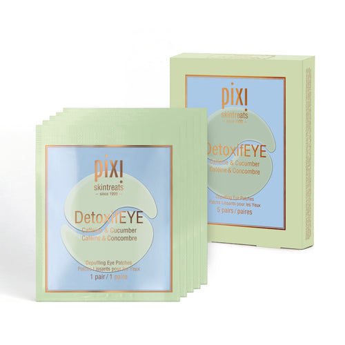 5 DetoxifEYE single use patches grouped together with a box view 1