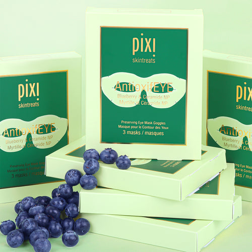  PIXI skincare AntioxifEYE eye mask goggles packaging with blueberries on a light green background