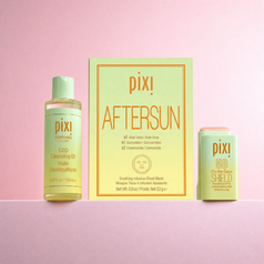 SunTreats Trio shown on a pink background featuring EOD Cleansing Oil, AfterSun Sheet Masks and On-the-Glow SHIELD SPF 50