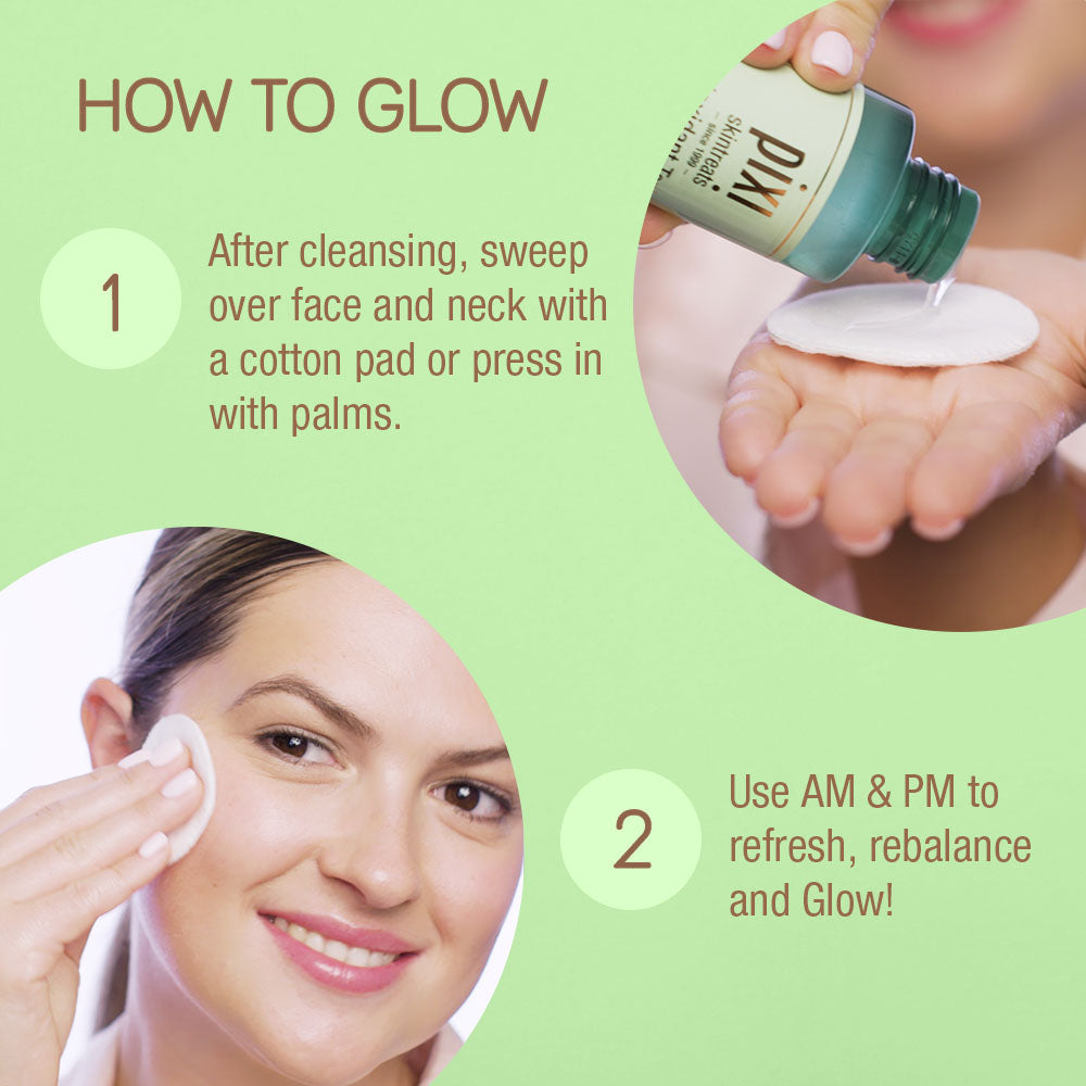 How to Glow. 1-After cleansing, sweep over face and neck with a cotton pad or press in with palms. 2-Use AM & PM to refresh, rebalance and Glow!
