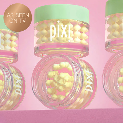 Pixi Vitamin-C CreamSerum product with pink lid and green cap on a pink background and a "As Seen on TV" badge
