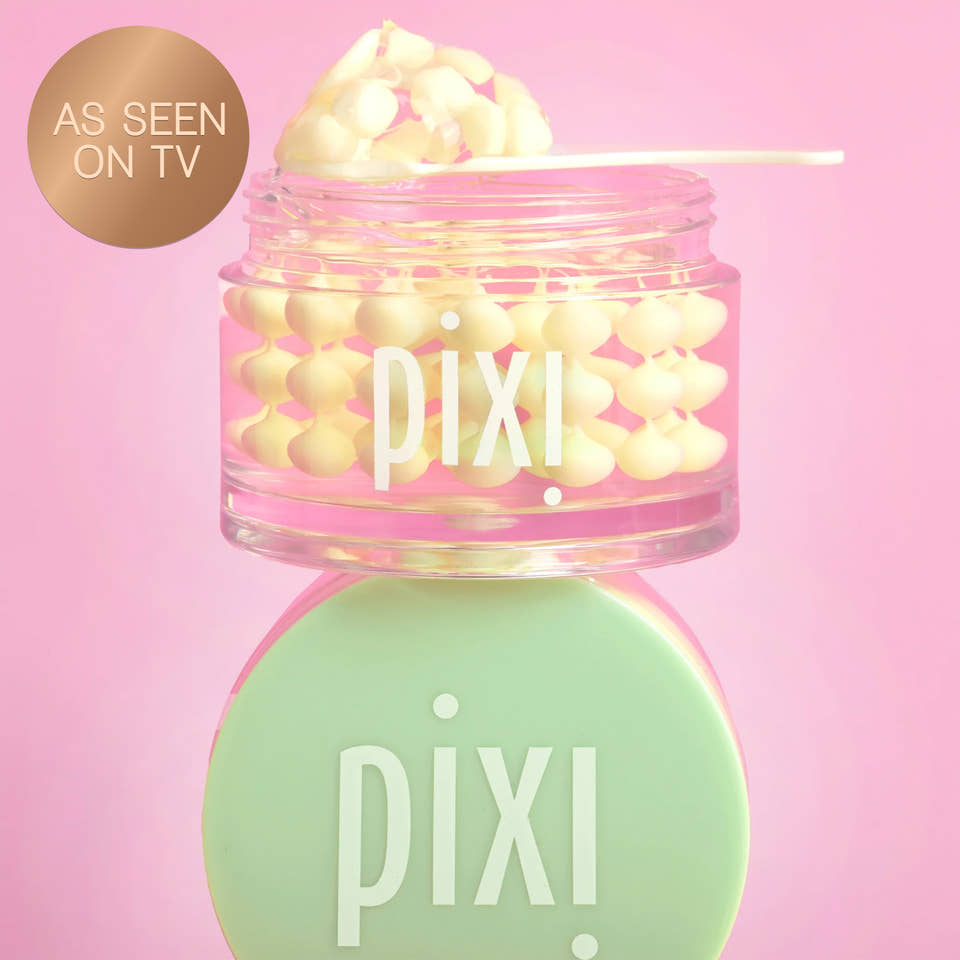 Pixi Vitamin-C CreamSerum product with pink lid and green cap on a pink background and a "As Seen on TV" badge

Close-up texture of vitamin C serum cream view 2