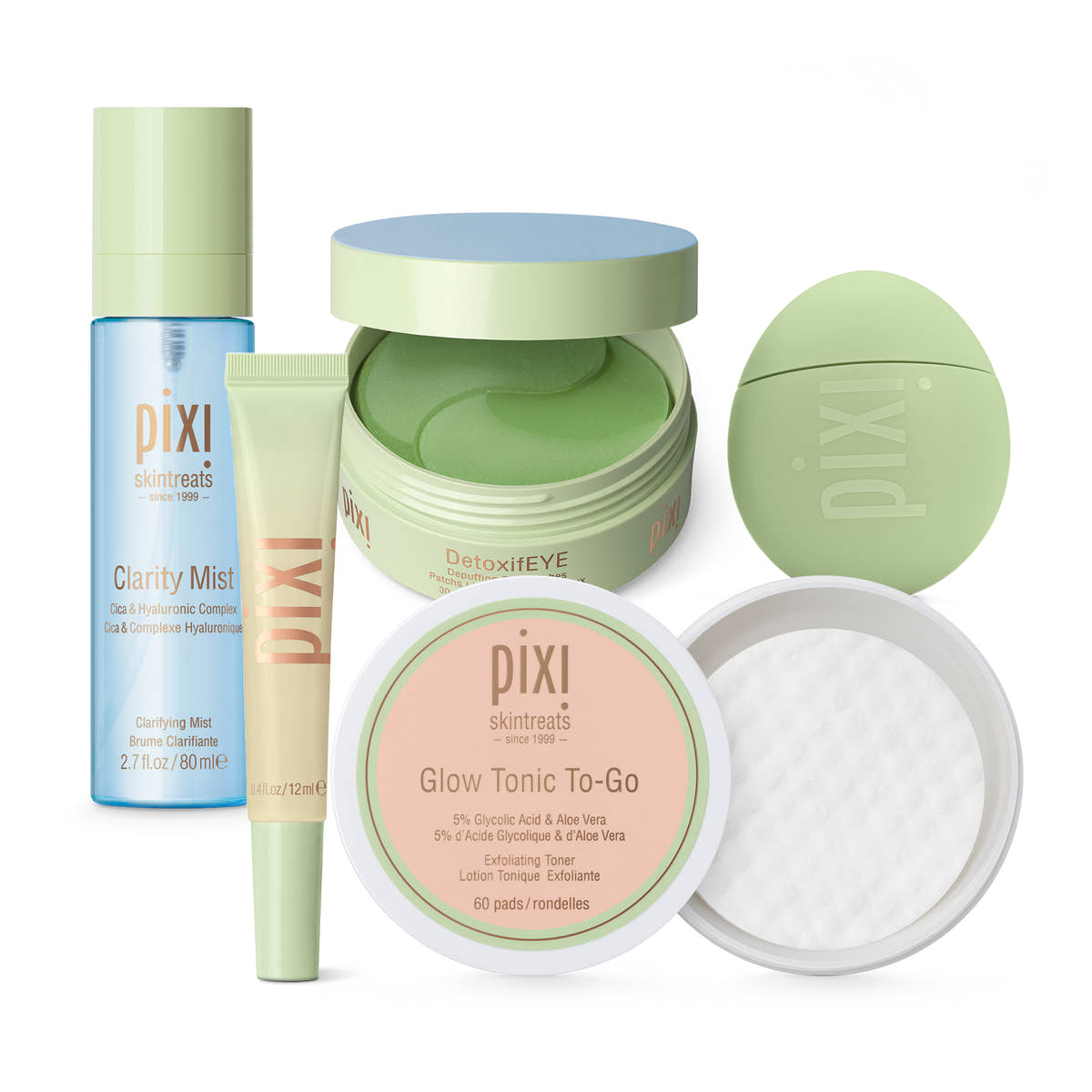Collection of PIXI skincare products on a white background. Clarity Mist, LipTone, HandHero, DetoxifEYE, Glow Tonic To-Go pads.