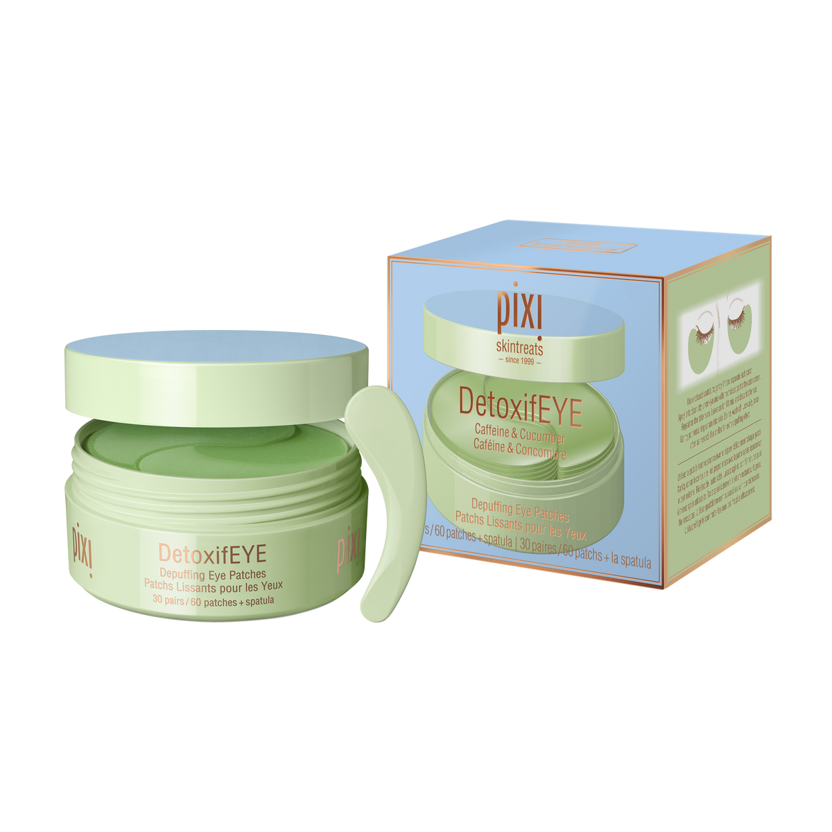 Pixi Skincare DetoxiEYE eye patch treatment jar with its matching blue and green outer box, shown on a clean white background.