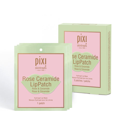 Three patch set of PIXI Rose Ceramide LipPatch packaging on a white background