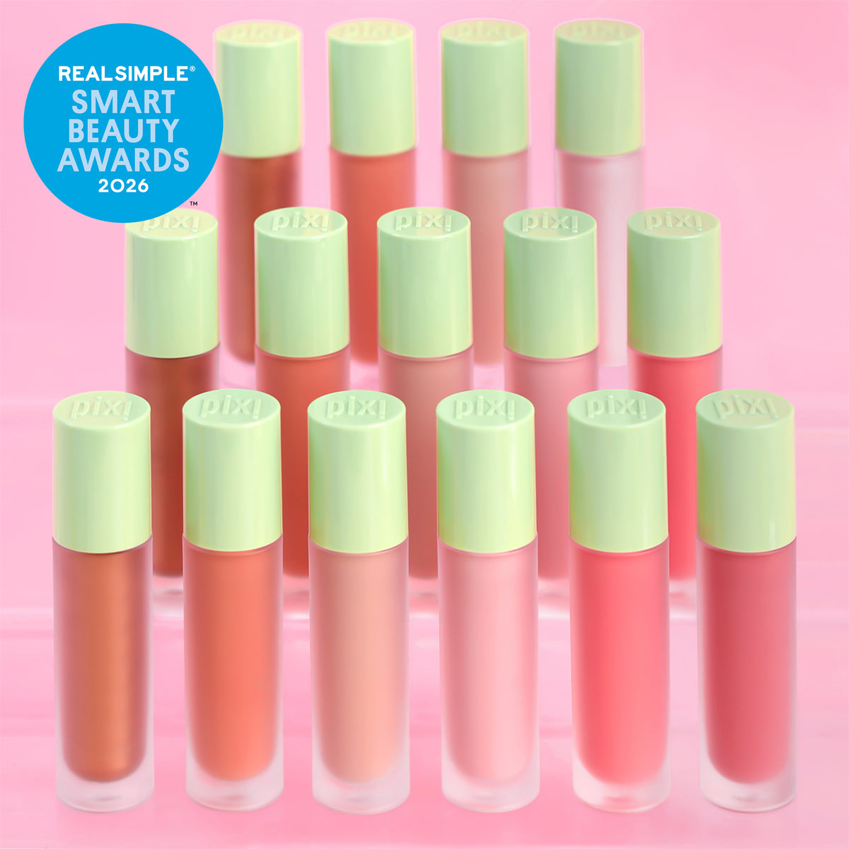 All shades of LiquidGlow Blush shown on a pink background with RealSimple Smart Beauty Awards 2026 sticker -