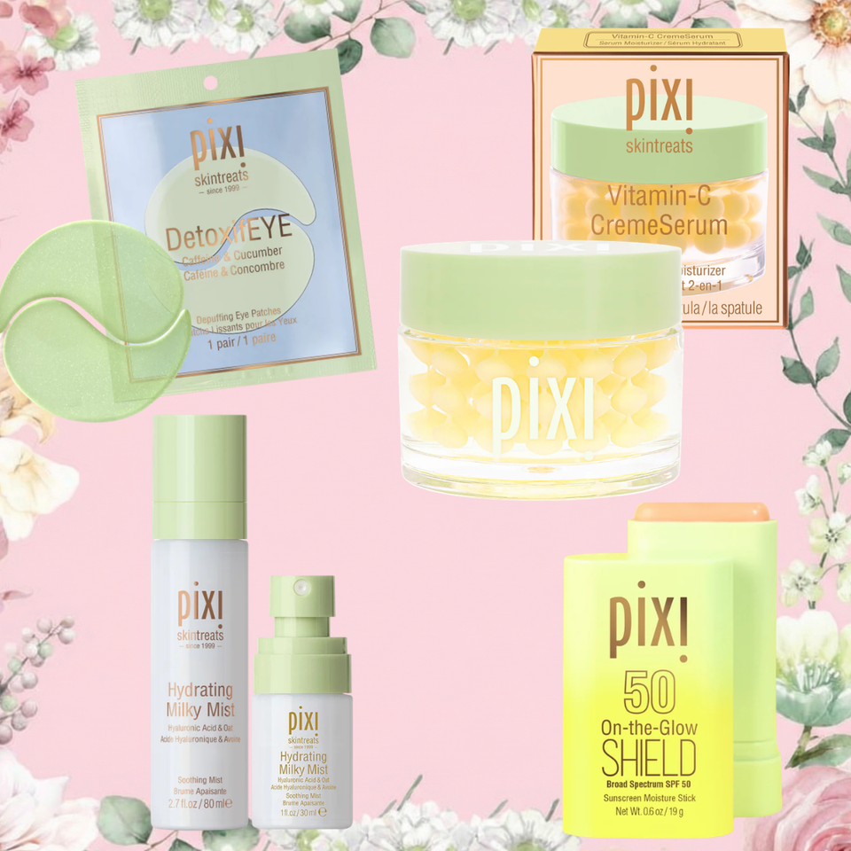 Petra's Travel Glow Edit on a pink background featuring Detoxifeye 5-Pairs, Vitamin-C CremeSerum, Hydraing Milky Mist and On-the-Glow SHIELD SPF 50 view 2