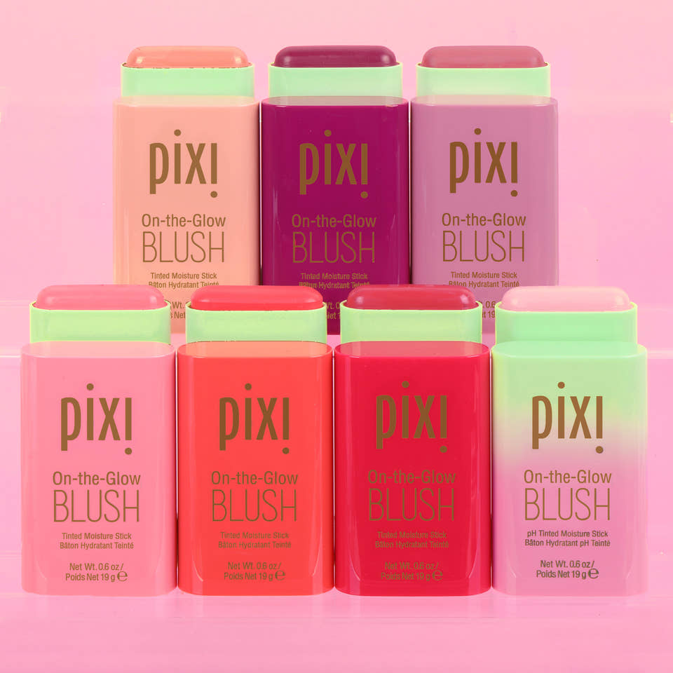Pixi On-the-Glow Blush products on a pink background view 1