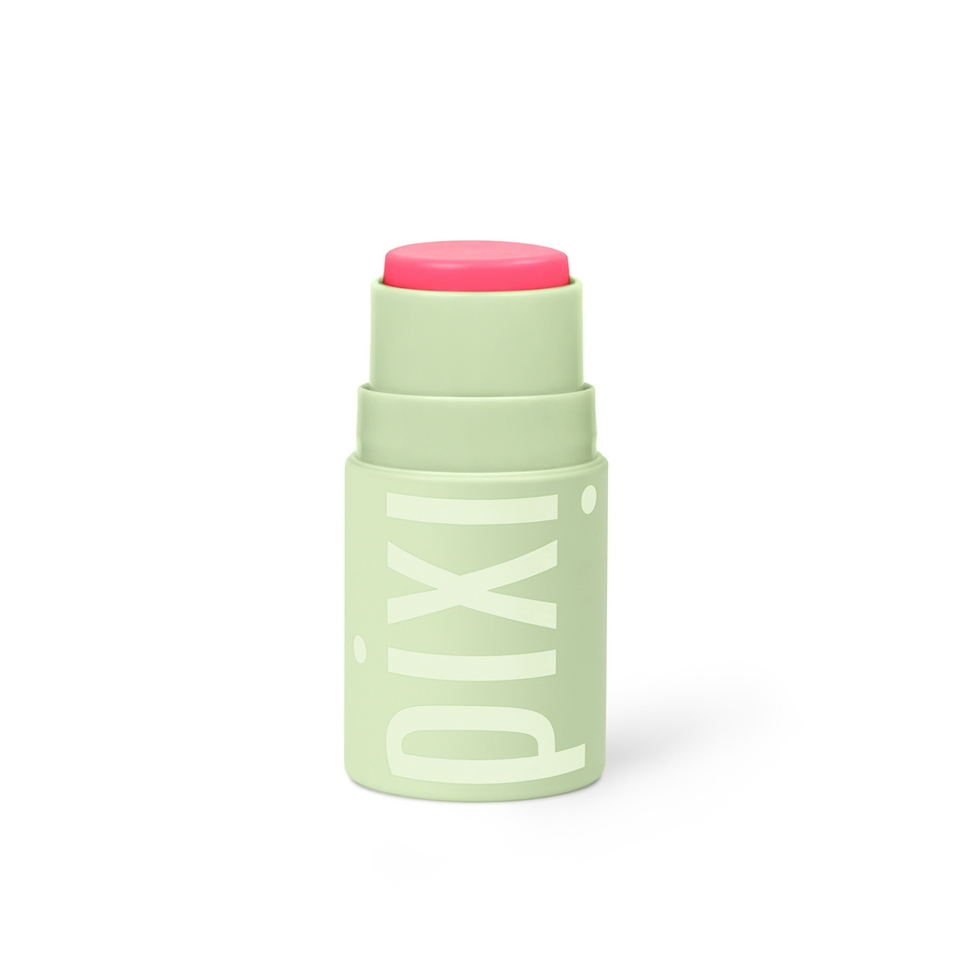 Pixi +Hydra LipTreat lip balm stick in a pale mint green tube with a bright pink balm stick visible at the top, shown on a clean white background. view 1