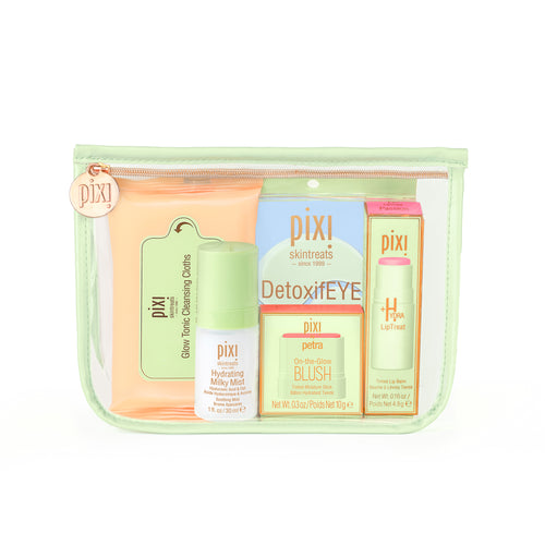 PIXI skincare product set with various items in a clear pouch on a white background view 2