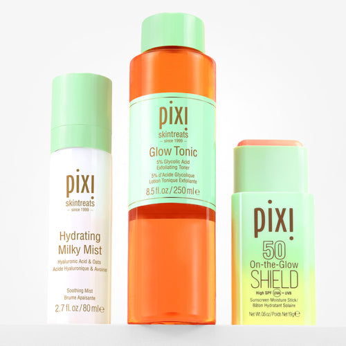 Bundle image shown on a white background featuring Glow Tonic, Hydrating Milky Mist and On-the-Glow SHIELD SPF 50 - View 2 view 1