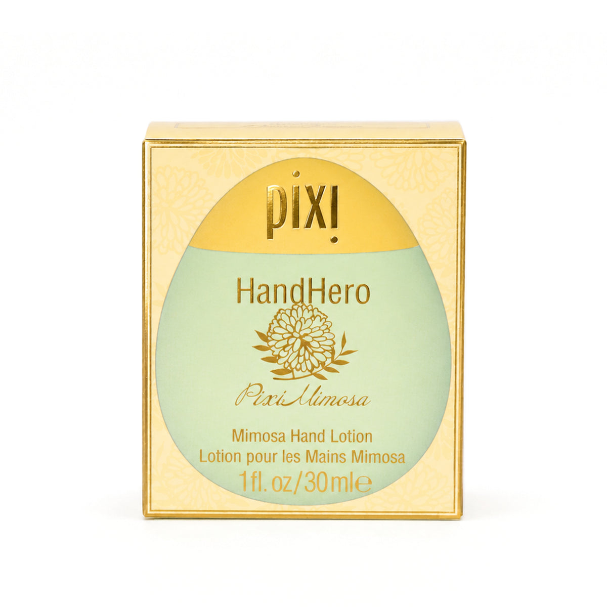 Pixi HandHero PixiMimosa hand lotion in a gold and light green egg-shaped box, shown on a clean white background.