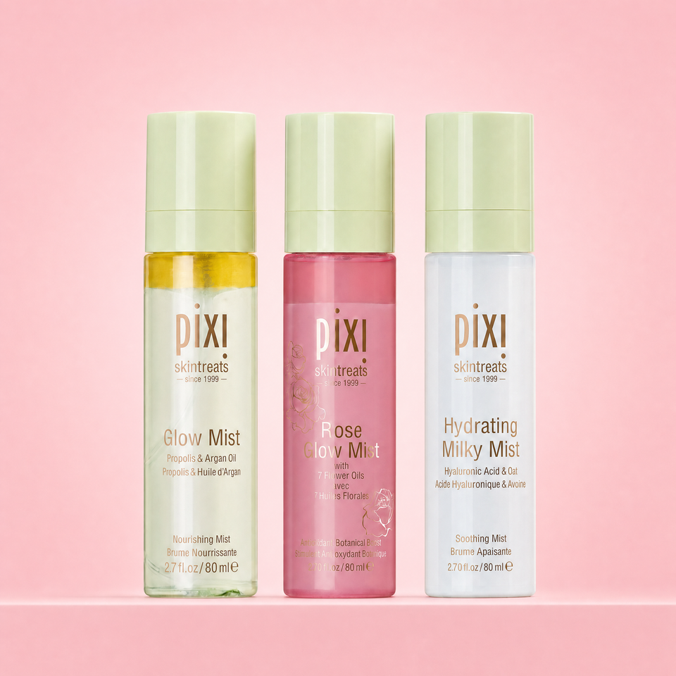 Misting Must-Haves Trio shown on a pink background featuring Glow Mist, Rose Glow Mist and Hydrating Milky Mist view 1