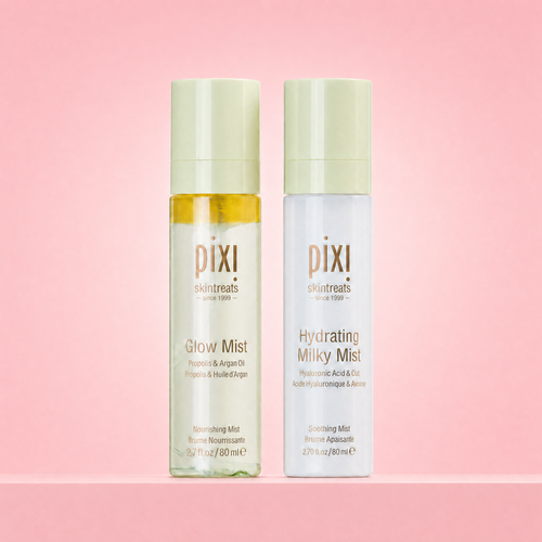 Mist Duo shown on a pink background featuring Glow Mist and Hydrating Milky Mist view 1